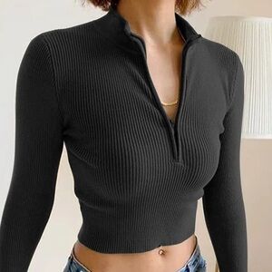 Astoria Women’s Activewear Ribbed Quarter Zip Compression Crop Top Black M